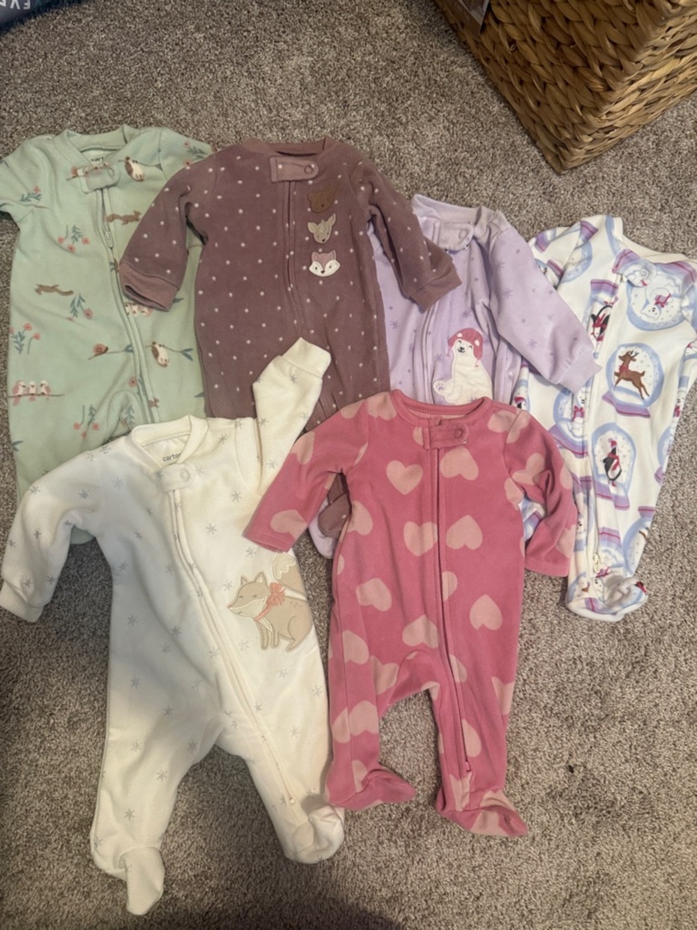 Carter's Baby Girl Fleece Multicolor Footie Sleepers - Bundle of 6 NB